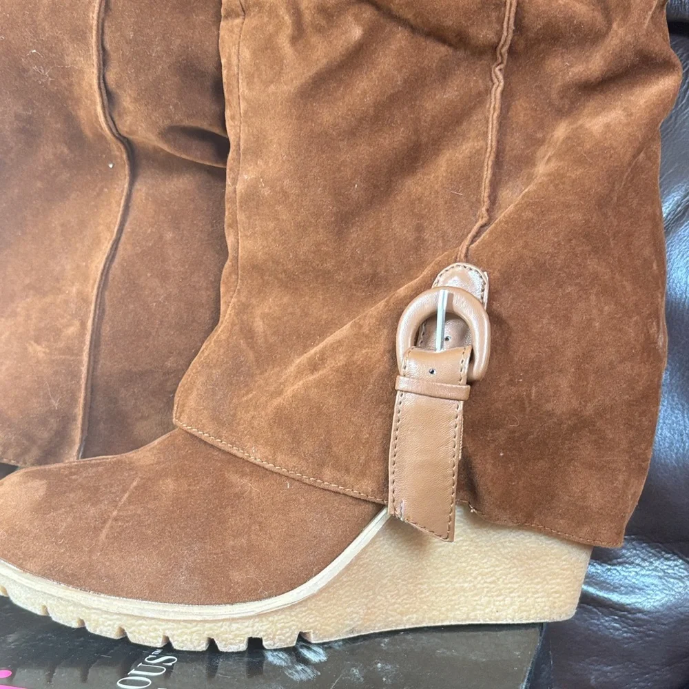 JustFab Chestnut Suede Knee-High Wedge Boots - Picture 3 of 8